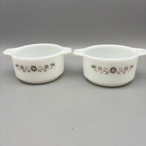 Vintage Pyr-O-Rey Dyna Ware 2 Small Milk Glass‎ Casserole Dishes Brown Floral